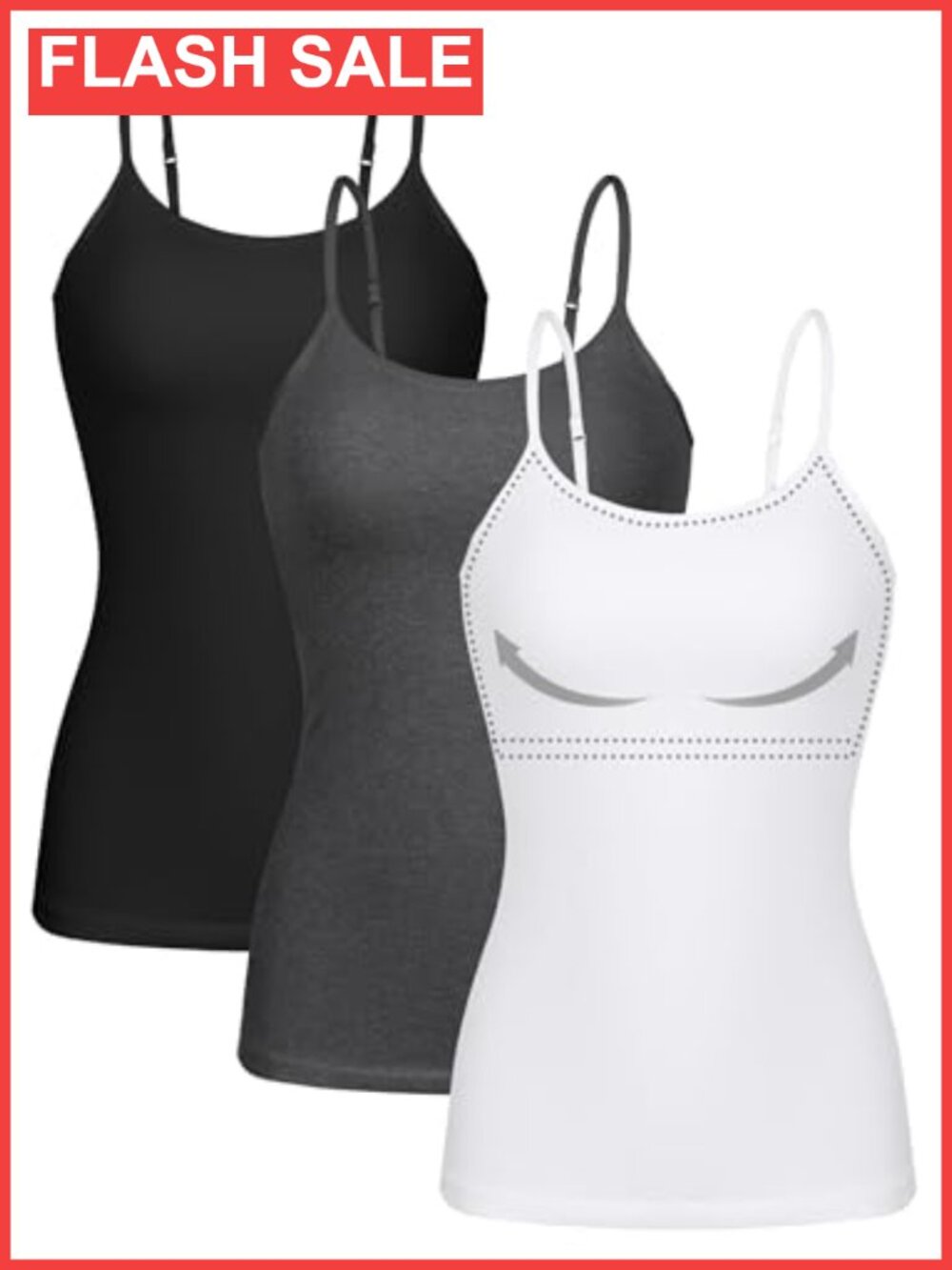3 Pack Cotton Camisoles with Shelf Bra Adjustable Spaghetti Straps Loose Fit